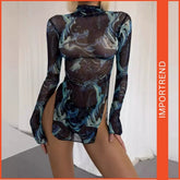 Elegant & Seductive High Collar Tie-Dye Mesh Dress